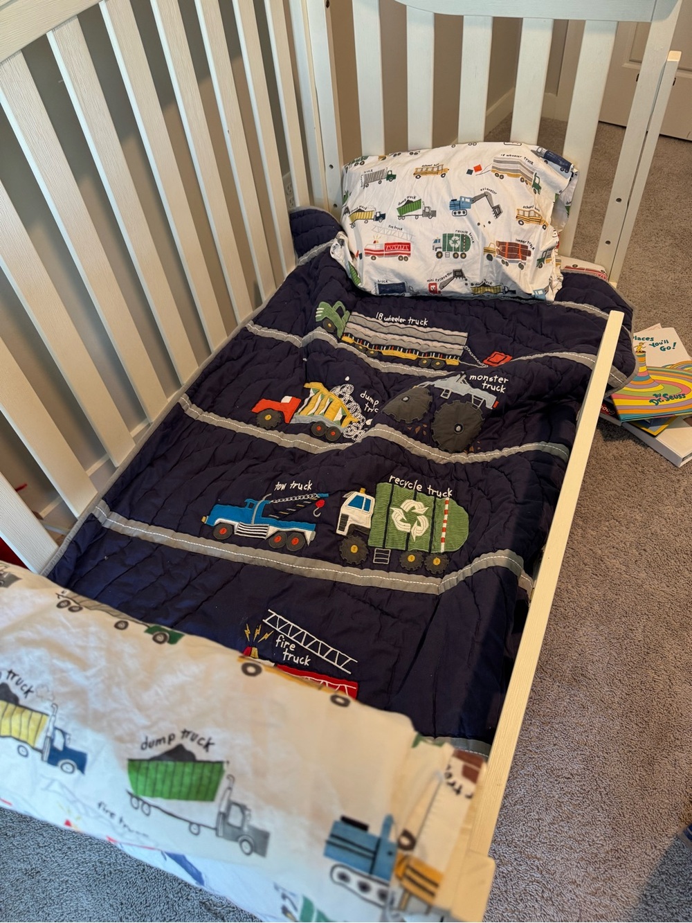 Pottery Barn Navy Kids' Truck Quilt with Multicolor Embroidery